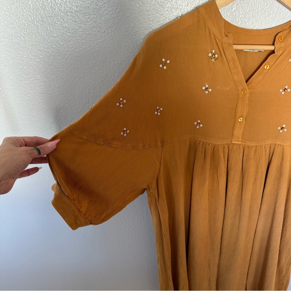 DDP Western Long Sleeve Embroidered Button Tunic Flowy Yellow Saffron Dress, M